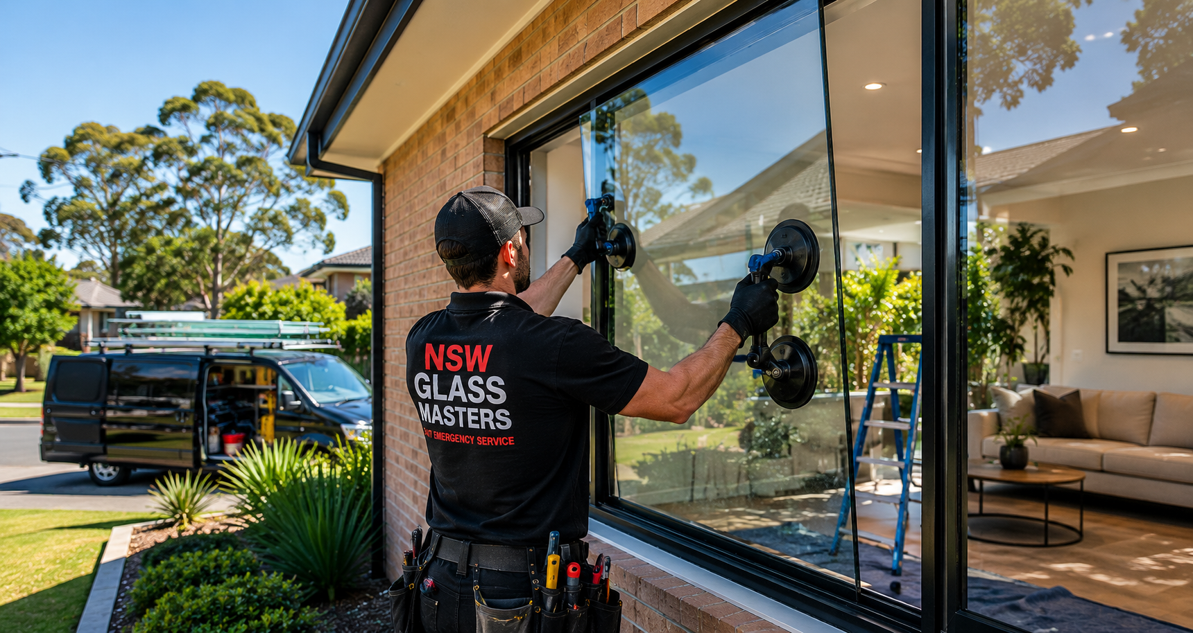 Professional glazier performing emergency glass replacement on a broken sliding door in Sydney