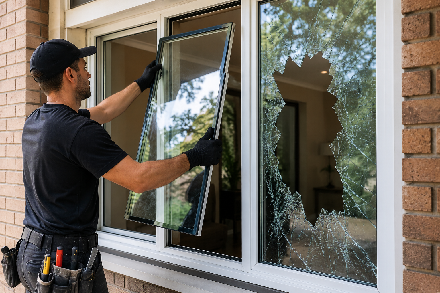 Glazier replacing broken window glass at a Sydney home for professional window glass repair service