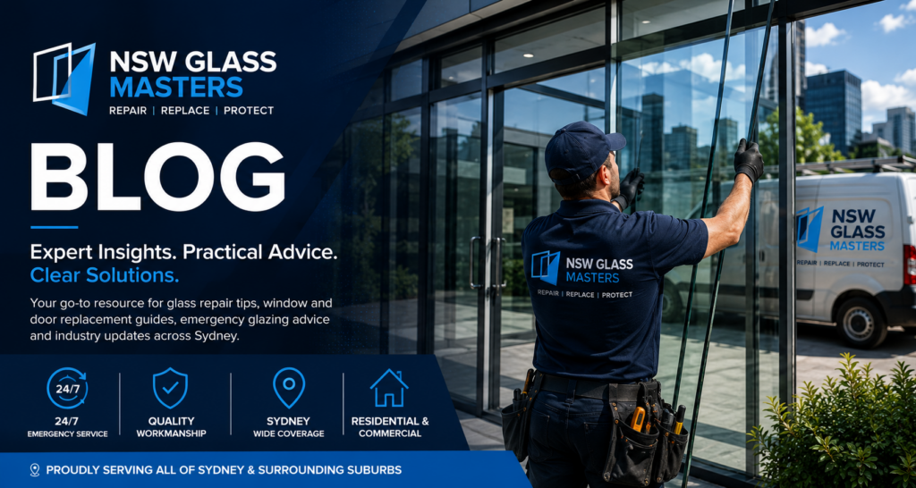 NSW Glass Masters technician installing commercial glass panel for Sydney glass repair and replacement services.