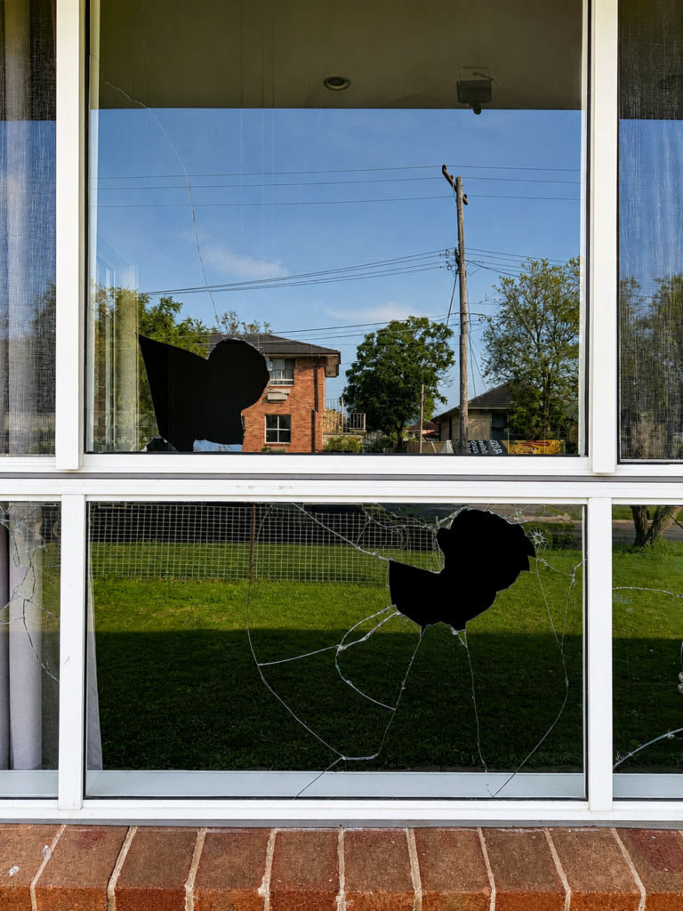 Broken residential window glass before replacement at a Sydney home