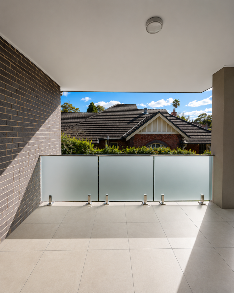 Completed frosted glass balustrade replacement by NSW Glass Masters in Sydney.